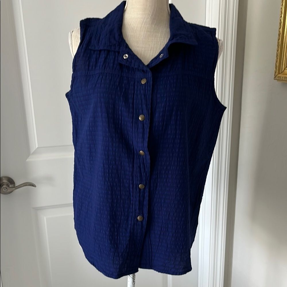 Ezzewear Wear Blue Relaxed Snap Button Down Shirt Textured Sleeveless Canada NWT